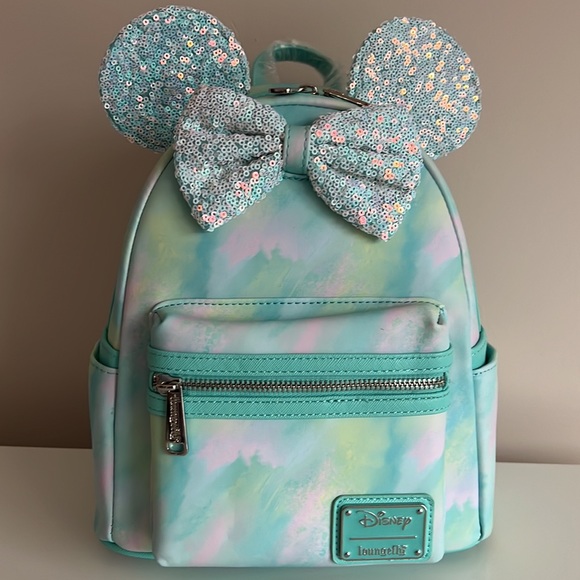 NEW Loungefly Disney Minnie Mouse blue Sequin Bow Mini Backpack and wallet set - Picture 2 of 12